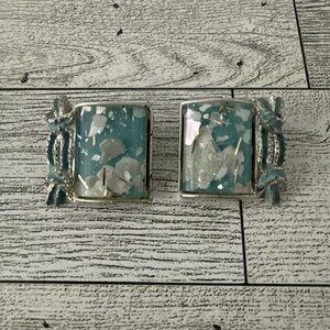Vintage Clip On Earrings Blue Confetti Lucite Rectangle Silver Tone